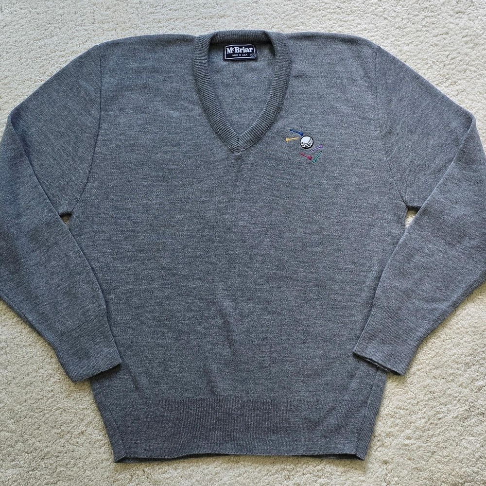 Vintage 90s McBriar Men's Golf Sweater Sz L Embroidered V-Neck Gray GVC Matching